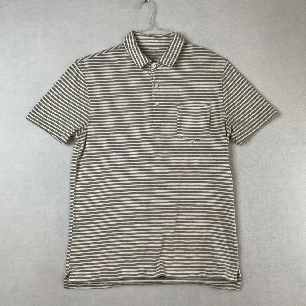 J Crew Mens Slub Cotton Striped Polo Shirt Tan White Short Sleeve Size M
